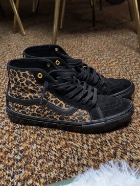 Vans Cher Strawberry Leopard Print High-Top Sneakers in Black and Tan